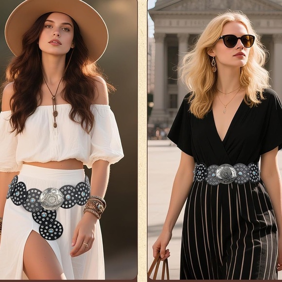 Western Leather Belt Boho Black and Silver Polka Dot Belt fits ways many sizes - Picture 4 of 8